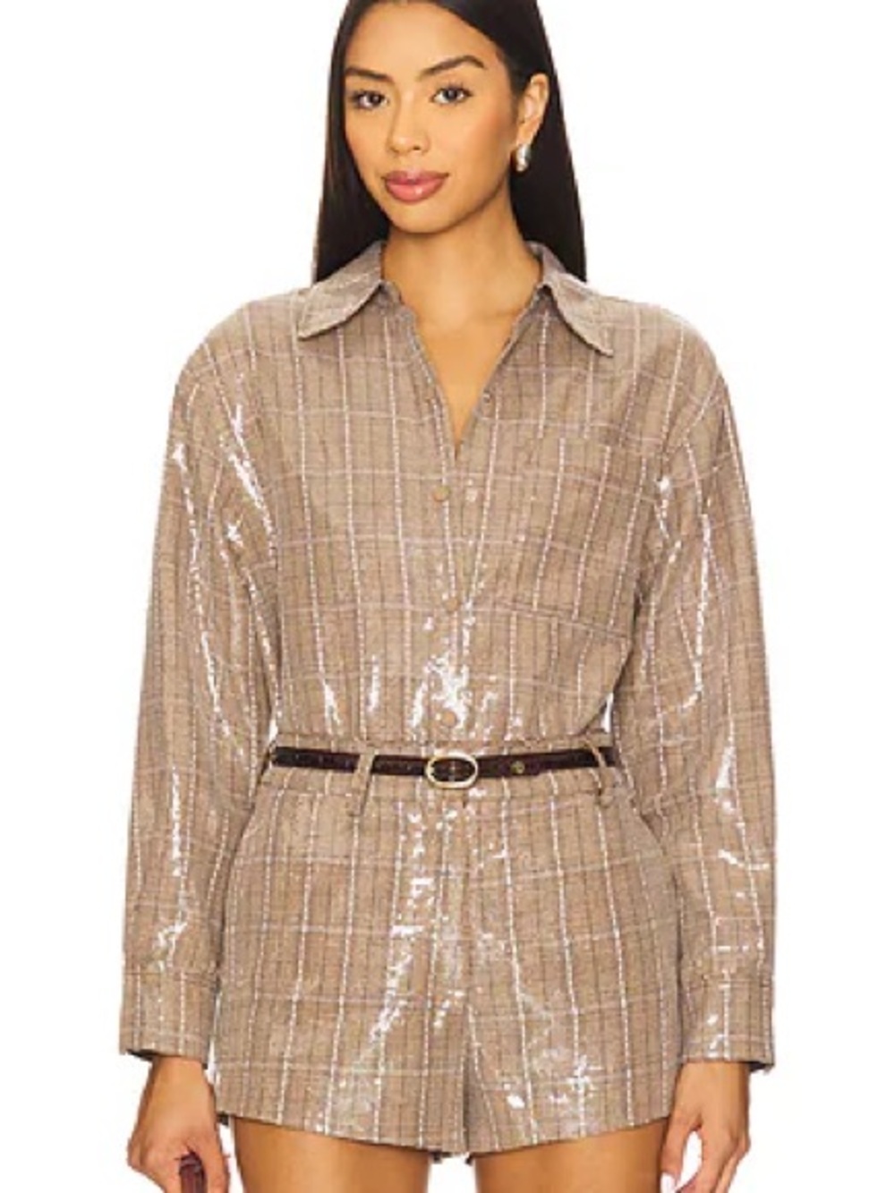 Line & Dot Taupe Sequin Plaid Blazer